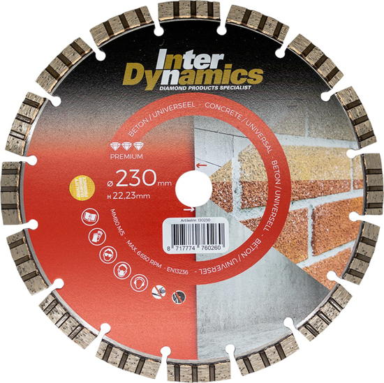 INTERDYNAMICS UNI BETON PREMIUM DIAMANTZAAGBLAD 230MM, 22.23MM DUOPACK  3349500